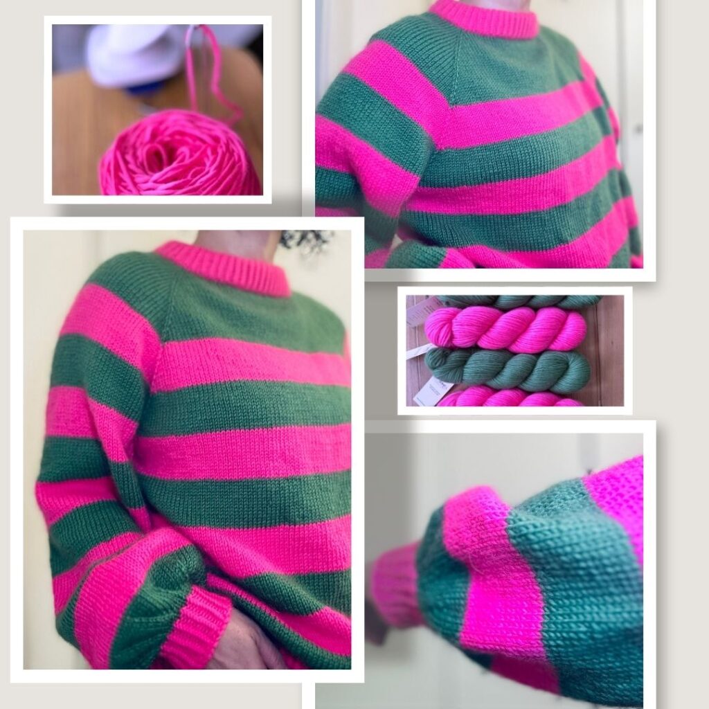 A pink and green striped knitted sweater