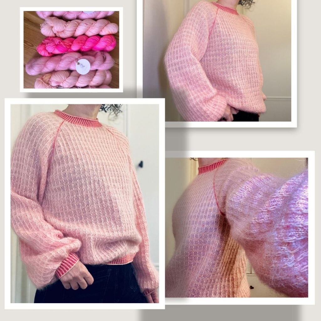 A collage of photographs of the Telin sweater in pink