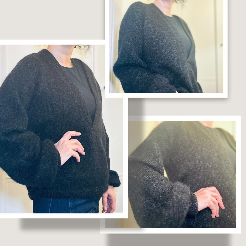 A collage of pictures showing the weekend sweater in black with a deep v neck