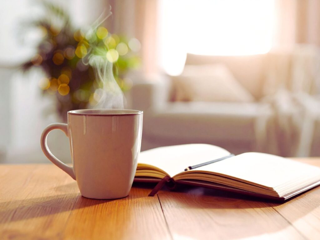 Coffee cup, plant and journal