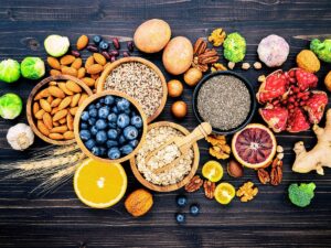 Healthy unprocessed foods - a mix of seeds and fruits